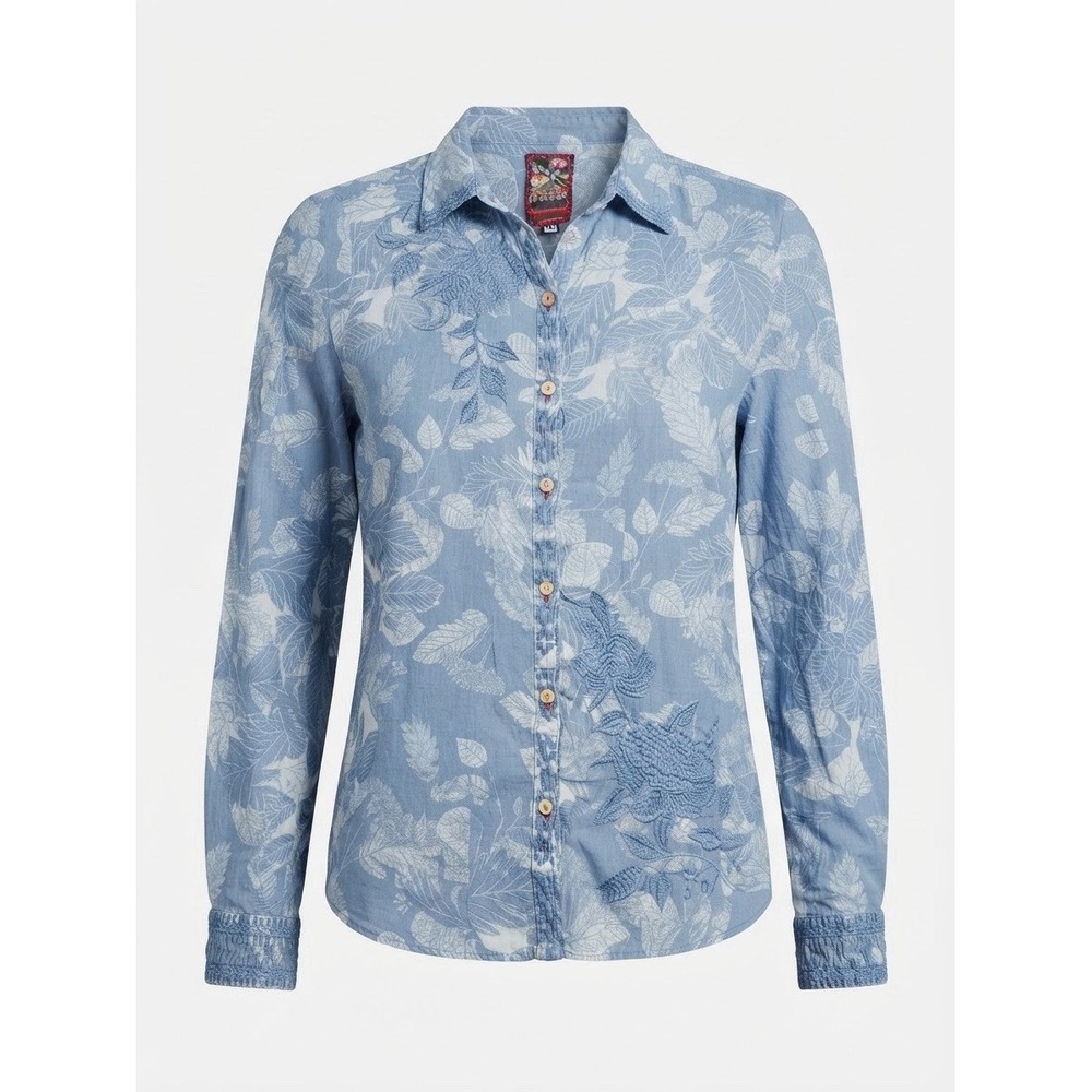 Johnny Was Small Button Up Blue Boho Designer Floral Embroidered Long Sleeve
